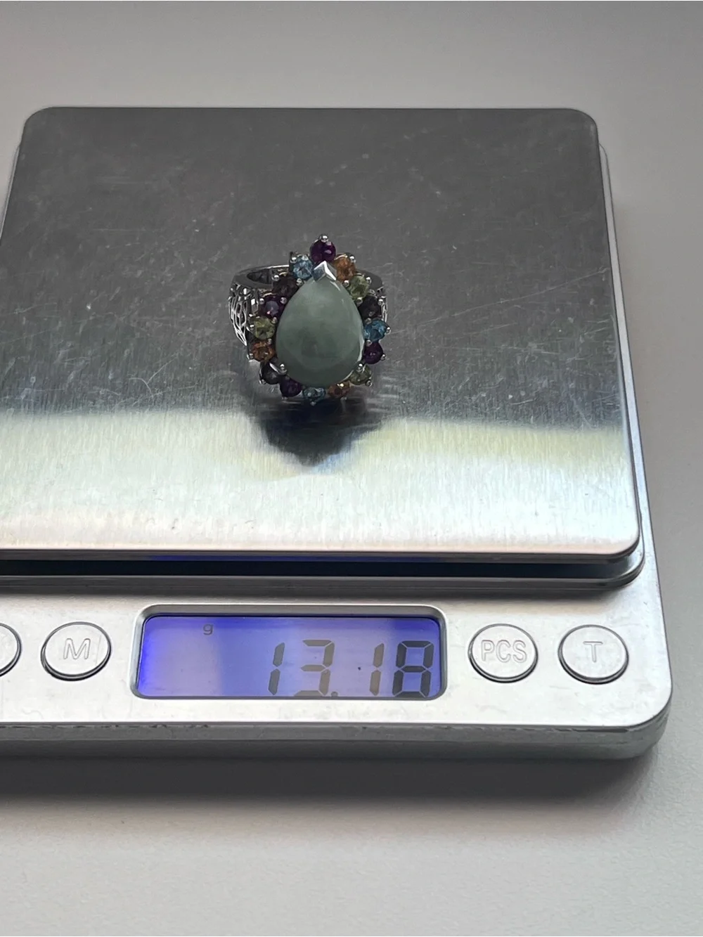 Sterling Silver Green Jade Cabochon Multi Gemstone Halo Cocktail Ring Size 8